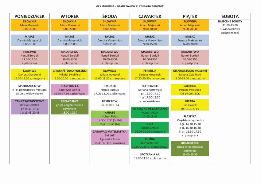 grafik zajęć GCK Jabłonna