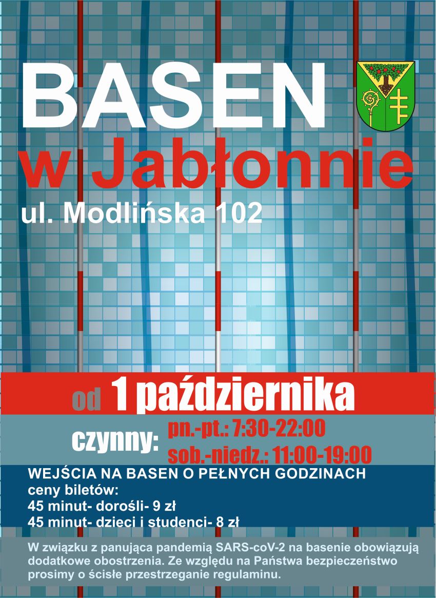 Od 1 października 2020 r. basen w Jabłonnie znajdujący się przy ul. Modlińska 102 będzie czynny w następujących godzinach: pn.-pt.: 7:30-22:00, sob.-niedz.: 11:00-19:00 Wejścia na basen o pełnych godzinach. Ceny biletów: 45 minut-dorośli-9 zł 45 minut-dzieci i studenci- 8 zł W związku z panująca pandemią SARS-CoV-2 na basenie obowiązują dodatkowe obostrzenia. Ze względu na Państwa bezpieczeństwo prosimy o ścisłe przestrzeganie regulaminu.