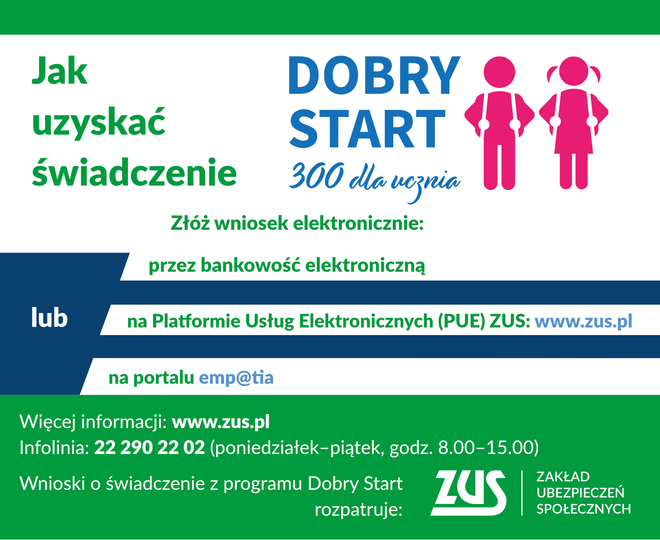 Infografika: Dobry start - jak uzyskać świadczenia - W tym roku wnioski o świadczenie z programu „Dobry Start” będzie można składać od 1 lipca do 30 listopada 2021 r. tylko drogą elektroniczną. Wnioski będzie można przekazać online z portalu Platformy Usług Elektronicznych (PUE) ZUS, za pośrednictwem portalu Empatia lub przez serwisy bankowości elektronicznej banków, które udostępnią taką możliwość. Świadczenia 300+ w tegorocznej edycji programu „Dobry Start” będzie przyznawał i wypłacał ZUS. Świadczenia będą wypłacane wyłącznie na rachunki bankowe.