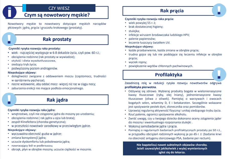 Ulotka informacyjna - profilaktyka nowotworów męskich