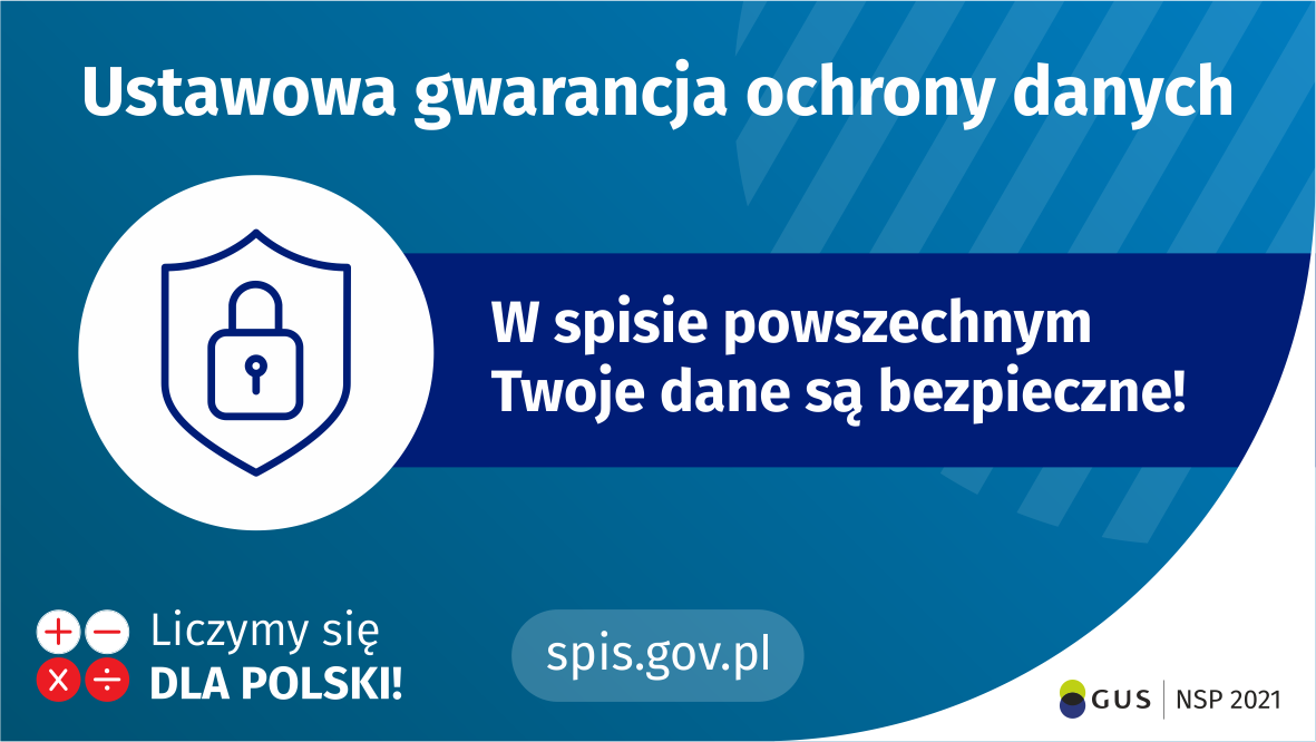 Grafika - bezpieczeństwo danych Na górze grafiki jest napis: ustawowa gwarancja ochrony danych. Poniżej po lewej stronie widać symbol tarczy i kłódki. Obok jest napis: w spisie powszechnym Twoje dane są bezpieczne! W lewym dolnym rogu grafiki są cztery małe koła ze znakami dodawania, odejmowania, mnożenia i dzielenia, obok nich napis: Liczymy się dla Polski! Na dole pośrodku jest napis: spis.gov.pl. W prawym dolnym rogu jest logotyp spisu: dwa nachodzące na siebie pionowo koła, GUS, pionowa kreska, NSP 2021.