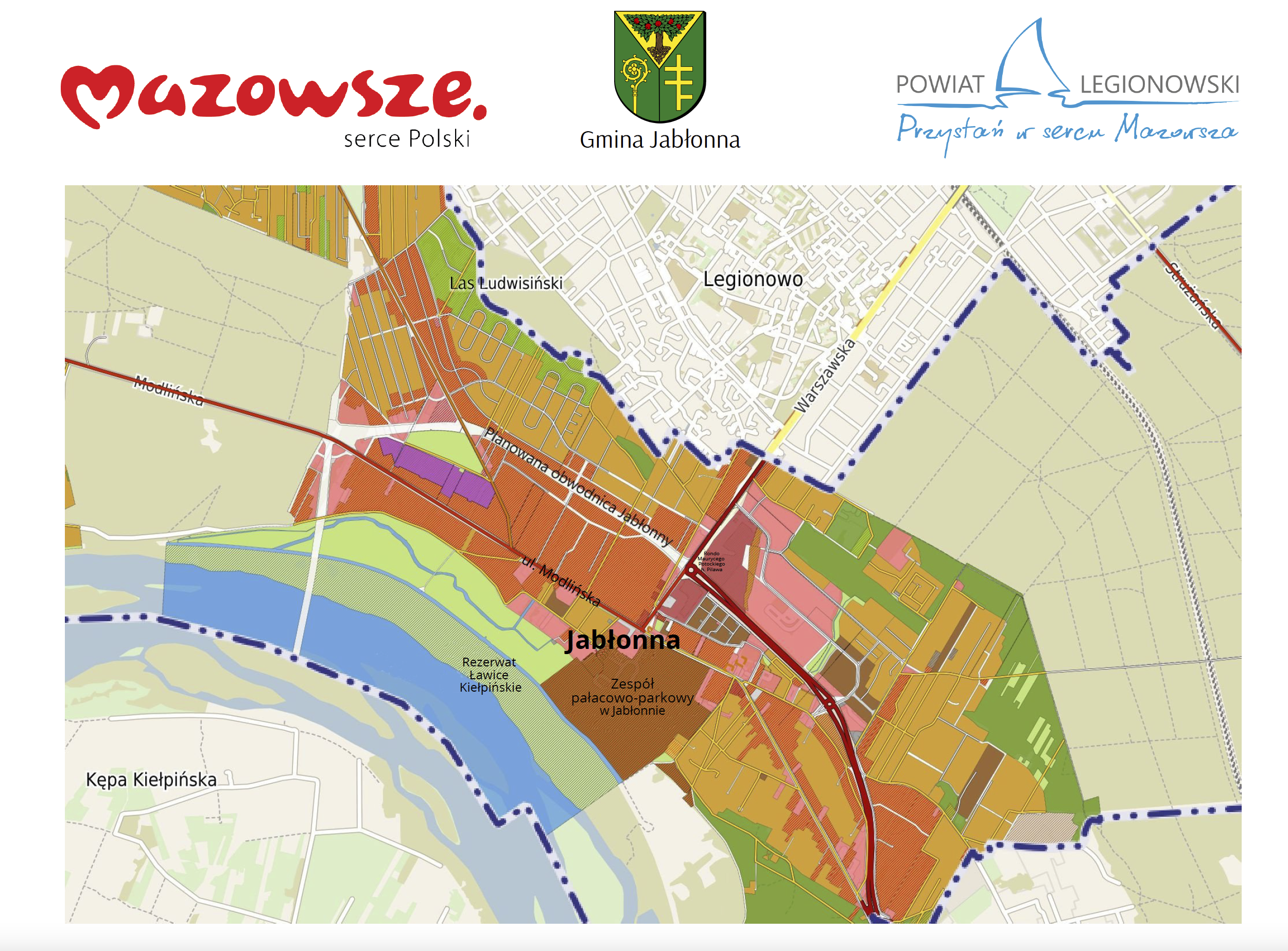 Mapa Gminy Jabłonna z zaznaczoną planowaną nitką obwodnicy