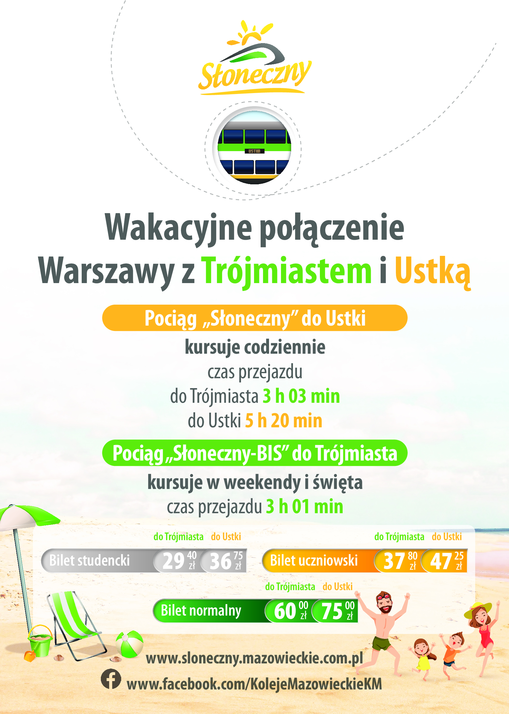 Plakat informujący o przejazdach wakacyjnym pociągiem 