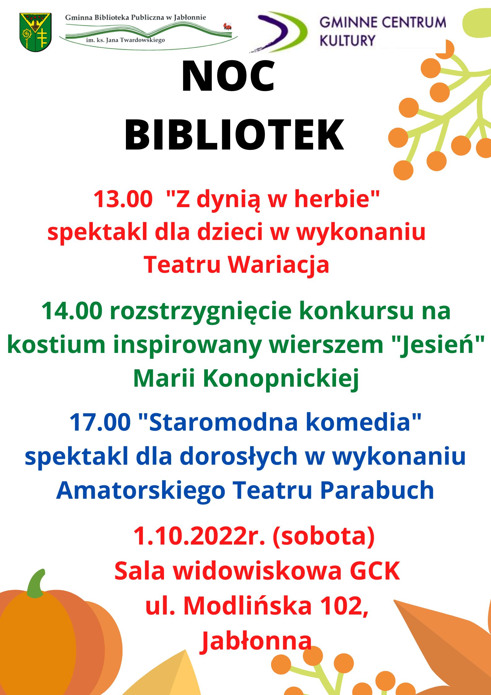 plakat informujący o Nocy Bibliotek 1.10.2022