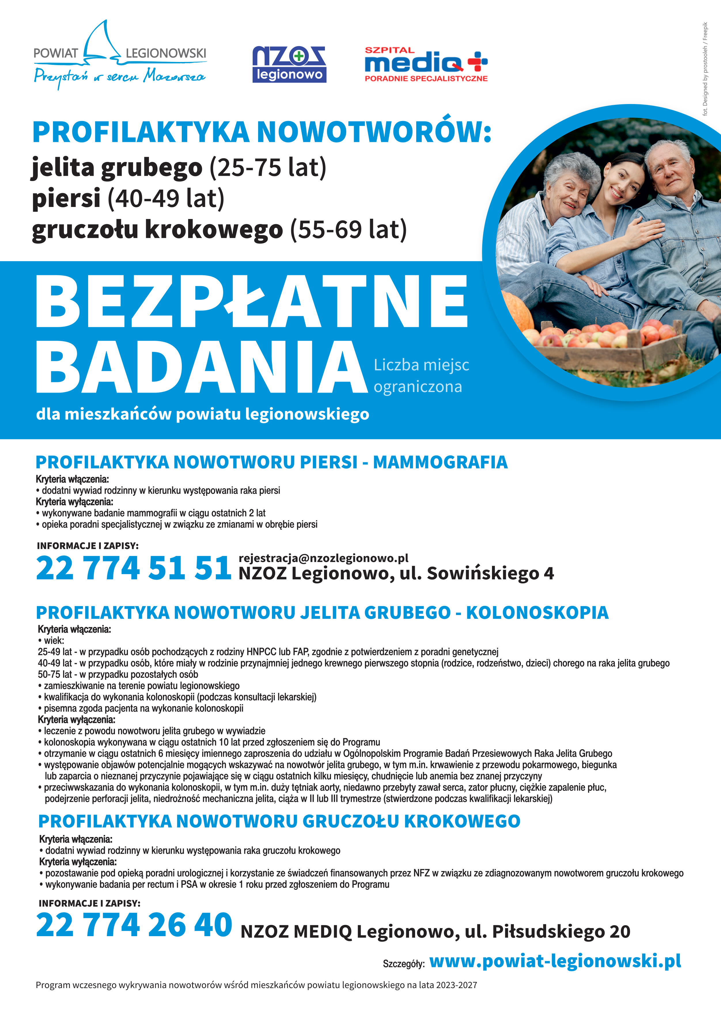 Rusza tegoroczna edycja powiatowego programu zdrowotnego. Mieszkańcy ponownie będą mogli skorzystać z bezpłatnych badań przesiewowych w kierunku niektórych chorób nowotworowych.  Jak co roku w ofercie znalazła się akcja wczesnego wykrywania nowotworów jelita grubego. Mieszkańcy w wieku 50-75 lat niezależnie od wywiadu rodzinnego oraz w wieku 25-49 lat z obciążonym wywiadem rodzinnym mogą skorzystać z bezpłatnej kolonoskopii w znieczuleniu ogólnym z możliwością pobrania wycinków do badań histopatologicznych.    Ponadto zaplanowano realizację programu profilaktyki i wczesnego wykrywania nowotworów gruczołu krokowego, skierowanego do panów w wieku 55-69 lat. W jego ramach przeprowadzane będą konsultacje lekarskie wraz z badaniem per rectum oraz wykonywane badania krwi w celu oznaczenia markera raka prostaty – PSA.  Te badania wykonywane są w MEDIQ Legionowo (ul. Piłsudskiego 20). Zapisy pod numerem telefonu: 22 774 26 40.  Z kolei dla mieszkanek powiatu w wieku 40-49 lat przygotowano bezpłatne badania mammograficzne. Dodatkowa profilaktyka przeciwnowotworowa obejmie panie w wieku 25-49 lat, dla których zorganizowane zostaną warsztaty edukacyjne oraz instruktaż samobadania piersi. Mammografia wykonywana będzie w NZOZ „Legionowo” przy ul. Sowińskiego 4 tel. 22 774 51 51.