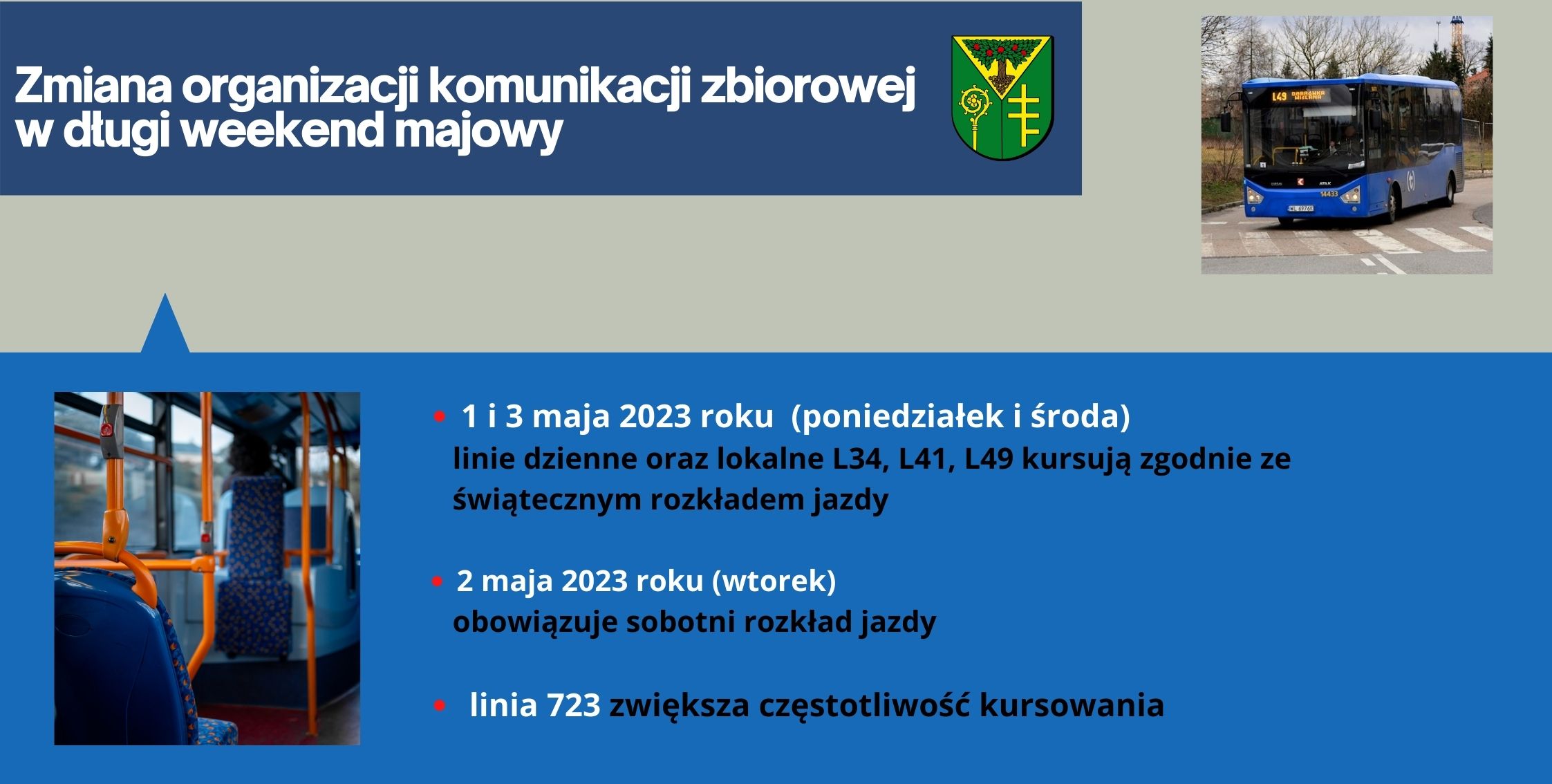 Infografika - zmiana organizacji komunikacji zbiorowej podczas długiego weekendu majowego