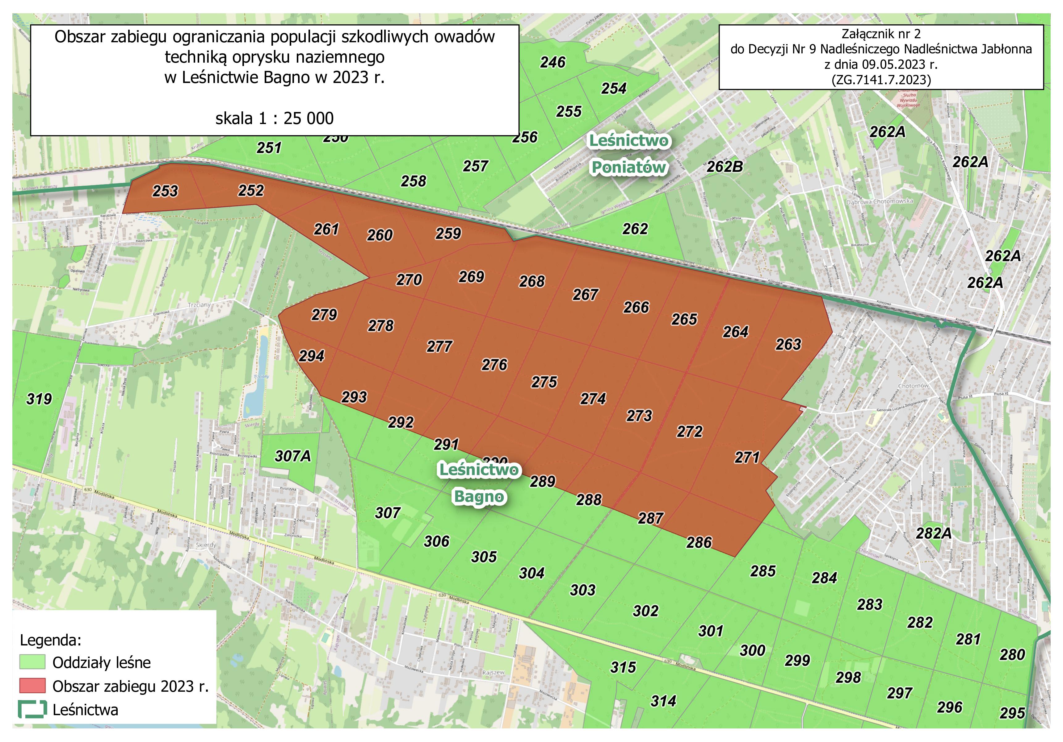 Obszar zabiegu ograniczania populacji szkodliwych owadów techniką oprysku naziemnego w Leśnictwie Bagno w 2023 roku