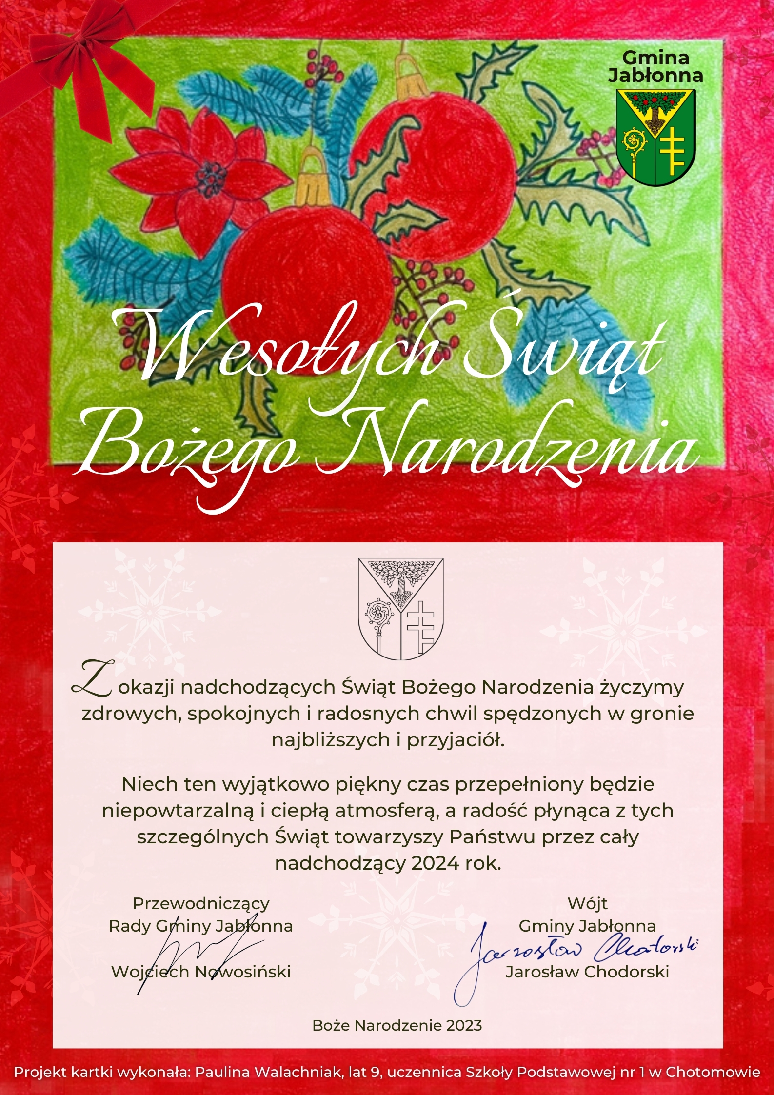 Z okazji nadchodzących Świąt Bożego Narodzenia życzymy zdrowych, spokojnych i radosnych chwil spędzonych w gronie najbliższych i przyjaciół.   Niech ten wyjątkowo piękny czas przepełniony będzie niepowtarzalną i ciepłą atmosferą, a radość płynąca z tych szczególnych Świąt towarzyszy Państwu przez cały  nadchodzący 2024 rok.  