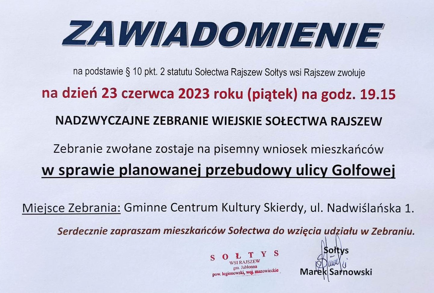 Zawiadomienie o nadzwyczajnym zebraniu wiejskim wsi Rajszew