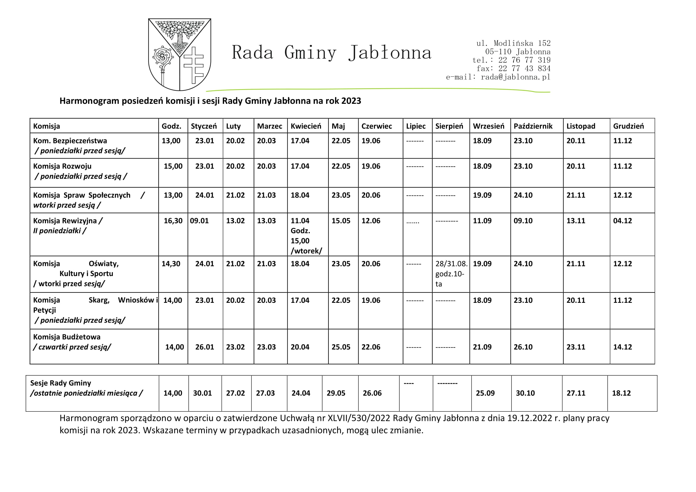 Harmonogram posiedzeń komisji i sesji Rady Gminy Jabłonna na rok 2023 